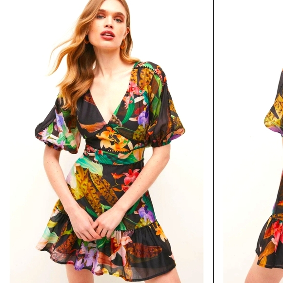 Karen Millen Dark Tropical Cotton Voile Puff Shoulder Mini - Picture 2 of 11